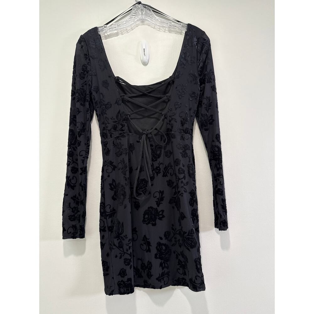 NWT Black Velvet Rose Burnout Bodycon Dress M Whimsigoth Fairy Goth Sheer Sleeve - Picture 6 of 10